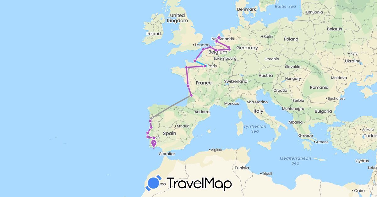 TravelMap itinerary: driving, plane, train, boat in Belgium, Germany, France, Netherlands, Portugal (Europe)